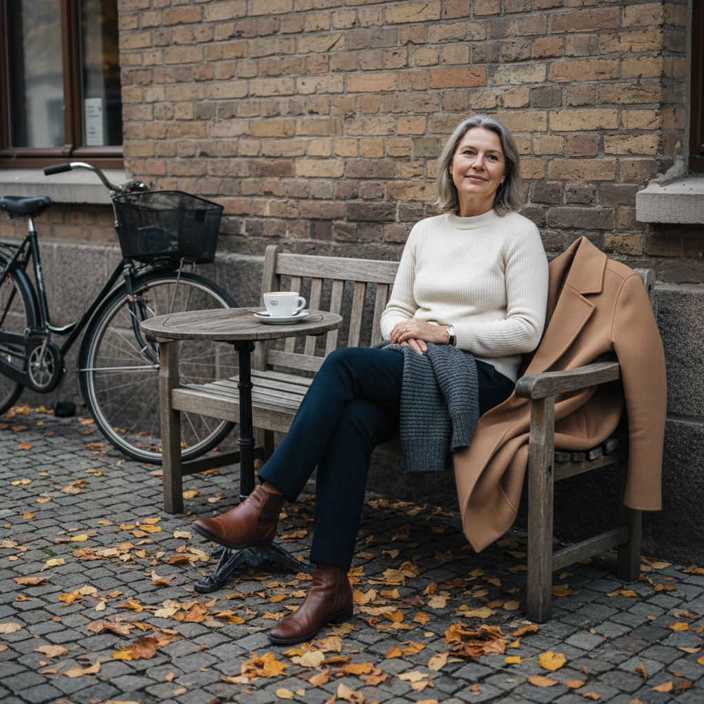 Eine Frau sitzt an einem Herbstmorgen vor einem Café auf einer Bank, den Kamelmantel neben sich und die Strickjacke auf dem Schoß — eine Schicht ist bereits abgelegt.