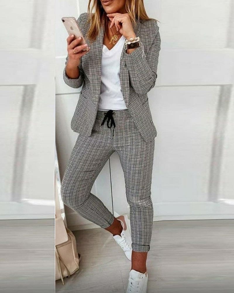Stella | Damen Hosenanzug Kariert Blazer Set Slim Fit