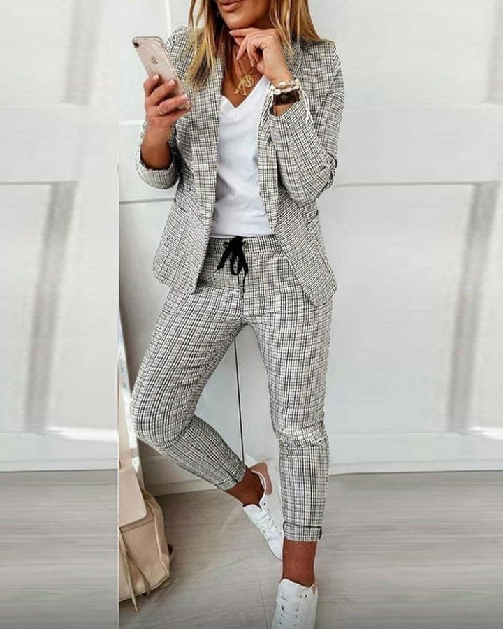 Stella | Damen Hosenanzug Kariert Blazer Set Slim Fit