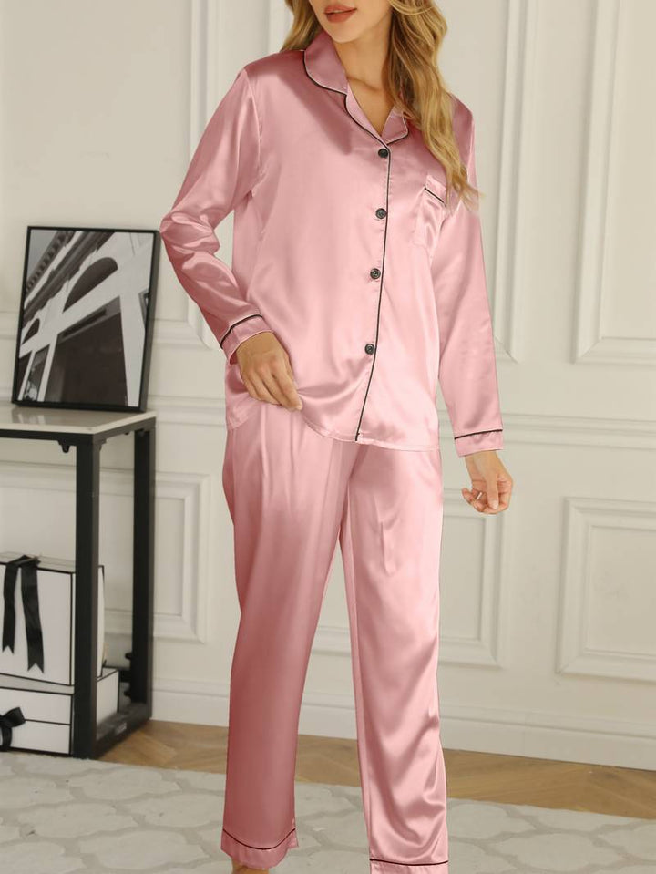 Isabel | Damen Satin Pyjama Set Langarm Knopfleiste