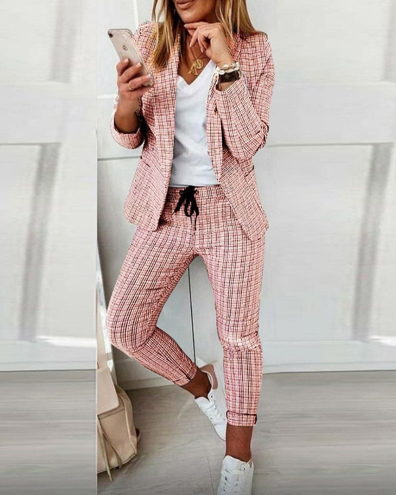 Stella | Damen Hosenanzug Kariert Blazer Set Slim Fit
