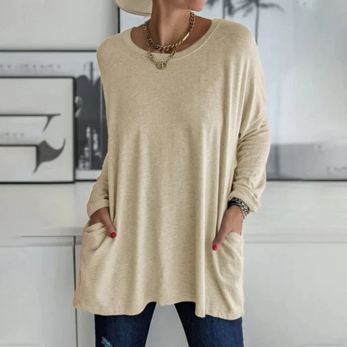 Noja | Damen Longshirt Übergroß Rundhals Seitentaschen Herbst