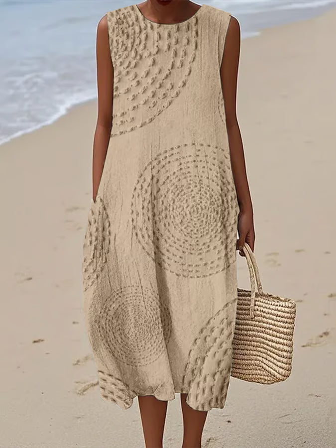 Clara | Damen Sommerkleid Ärmellos Midi Kleid Strukturiert Rundhals