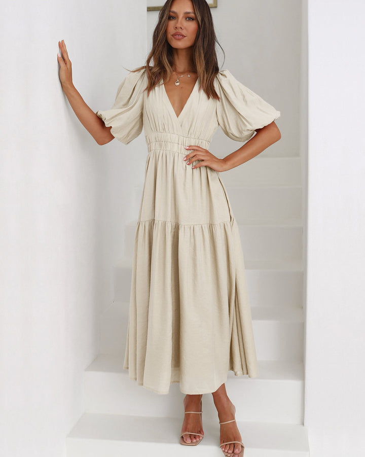 Cara | Damen Midikleid V-Ausschnitt Puffärmel Stufenrock