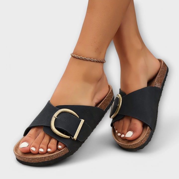 Lara | Damen Sandalen mit Korkfußbett und Schnalle Flach