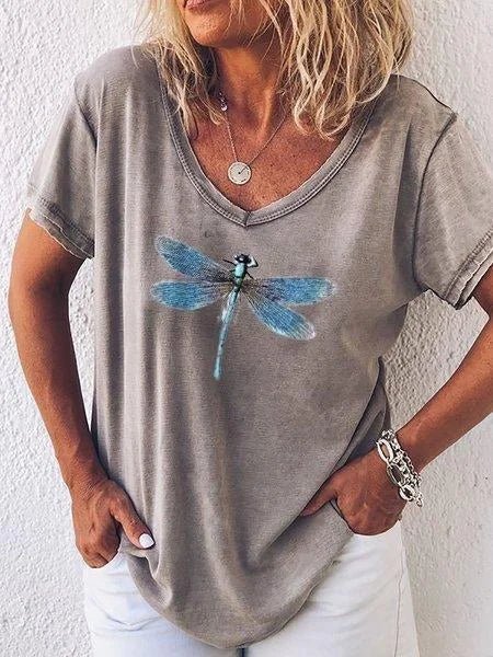 Taira | Damen T-Shirt V-Ausschnitt Libellen Print Kurzarm