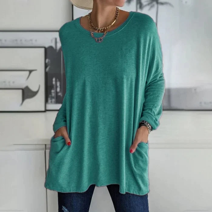 Noja | Damen Longshirt Übergroß Rundhals Seitentaschen Herbst