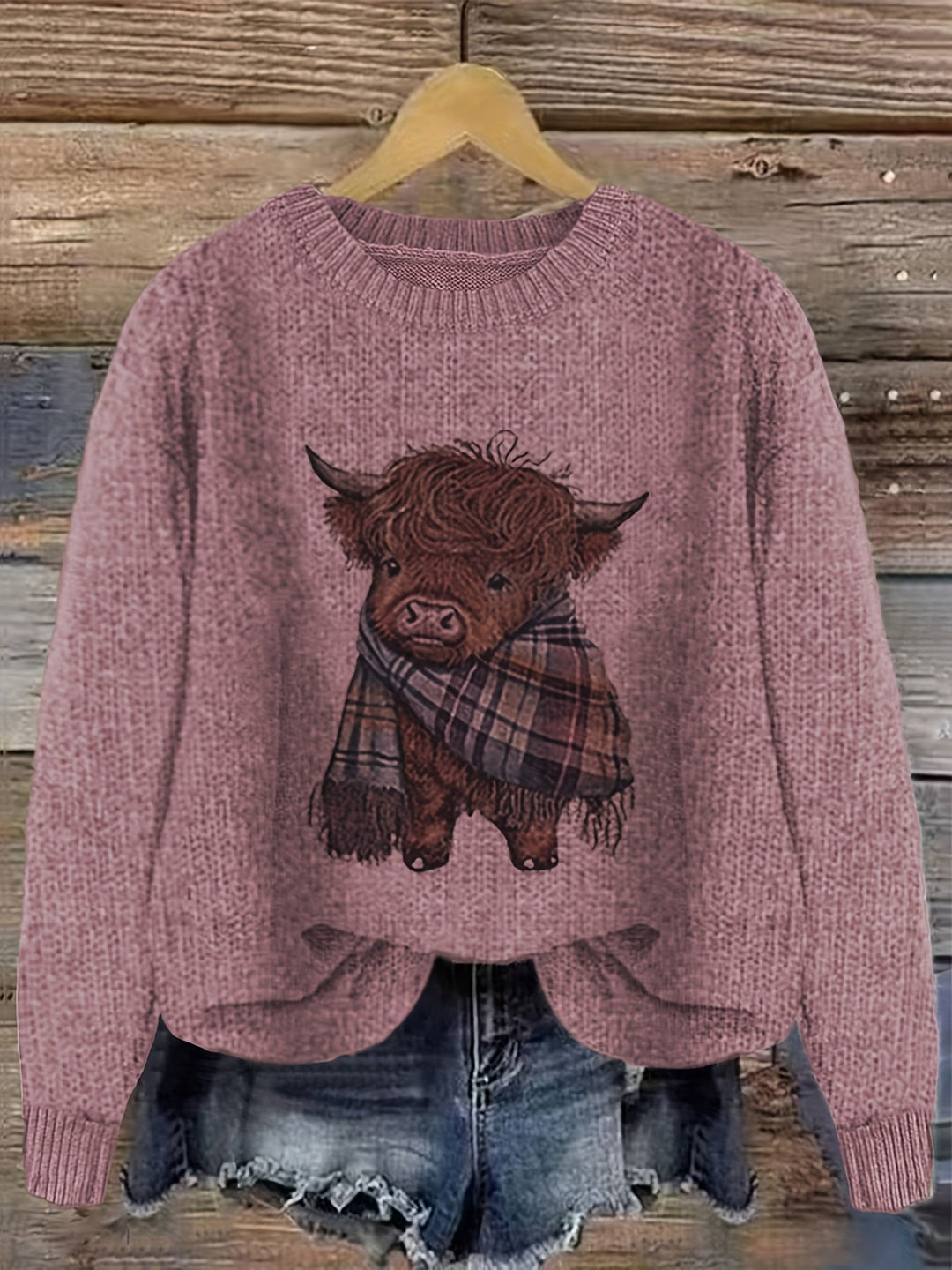Hildveke | Damen Strickpullover Highland Kuh Motiv
