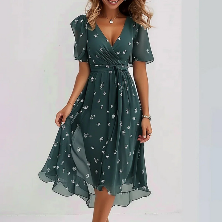 Beatrice | Damen Midi-Kleid Blumendruck V-Ausschnitt Puffärmel
