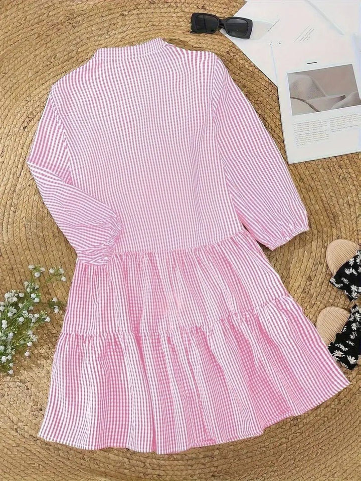 Pippa | Damen Hemdkleid Karo 3/4 Arm Knopfleiste mit Rüsche