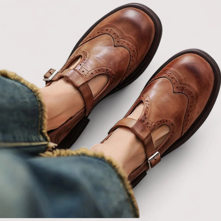 Rosa | Damen Mary Jane Schuhe Brogues Schnalle Flach Leder-Optik