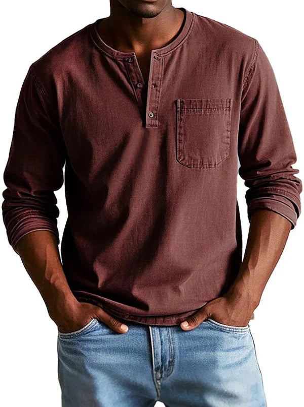 Leon | Herren Langarm Henley Shirt mit Brusttasche