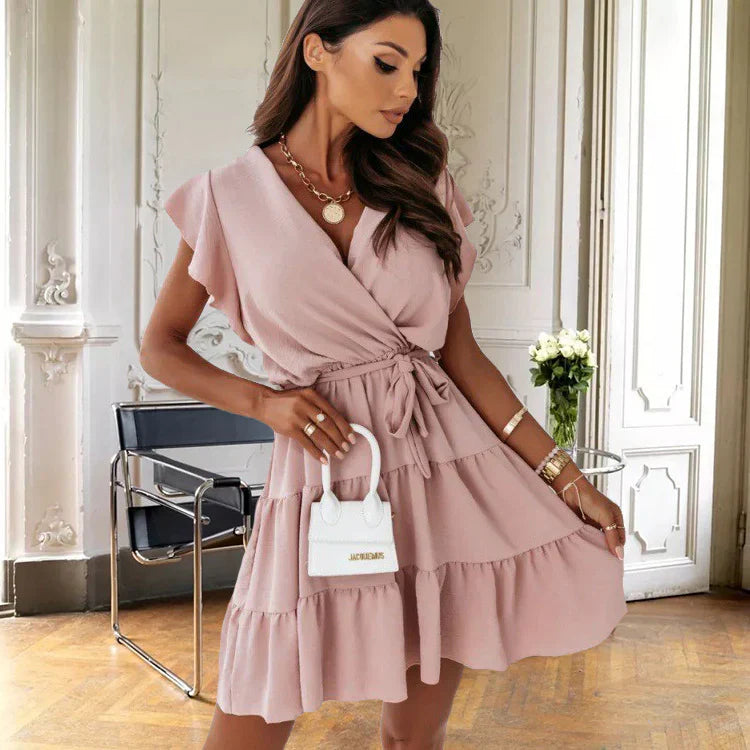 Chloe | Damen Wickelkleid Kurz V-Ausschnitt Rüschen Bindegürtel