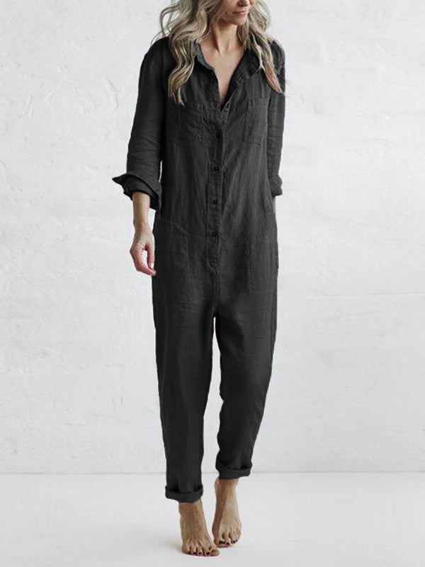 Frida | Damen Jumpsuit Langarm Knopfleiste Locker