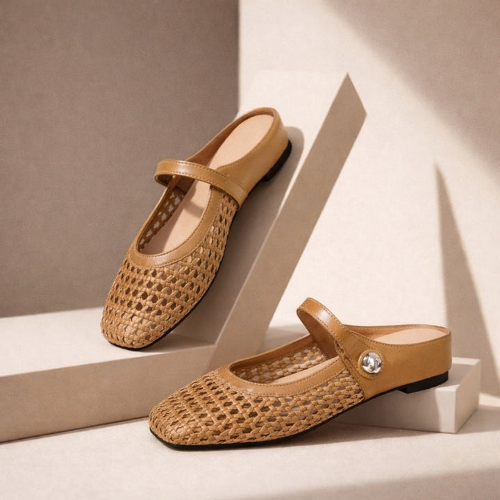 Goldie | Damen Mules Flach Mary Jane Geflochten Metallic Slipper