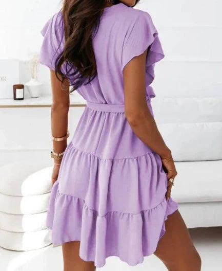 Chloe | Damen Wickelkleid Kurz V-Ausschnitt Rüschen Bindegürtel