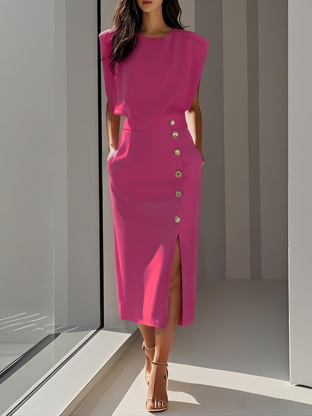 Lena | Damen Midi-Kleid Ärmellos Knopfleiste Seitenschlitz
