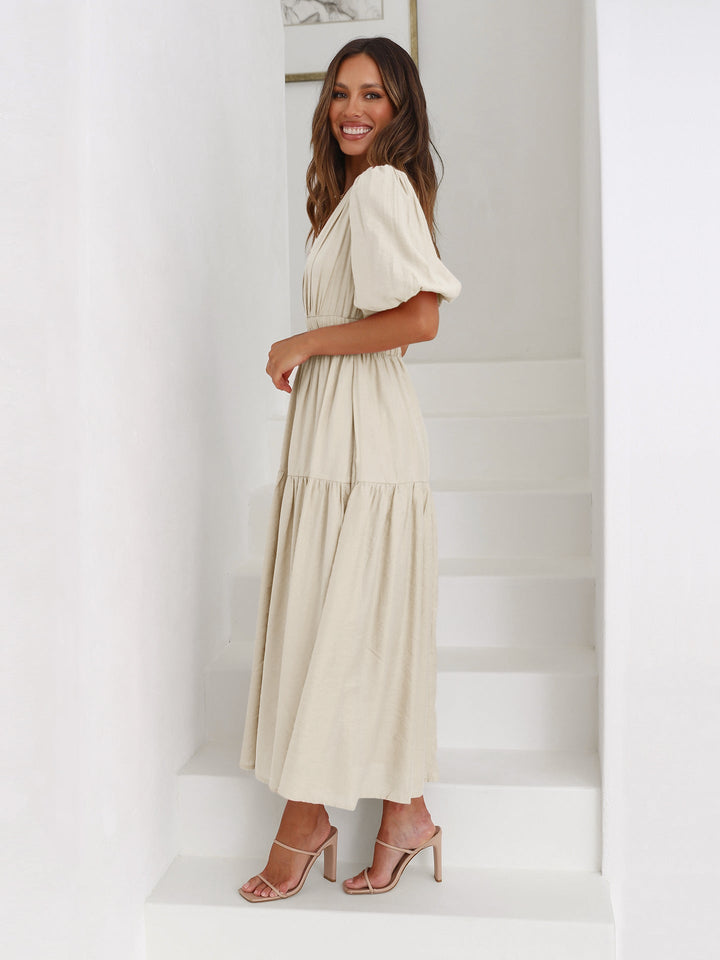 Cara | Damen Midikleid V-Ausschnitt Puffärmel Stufenrock