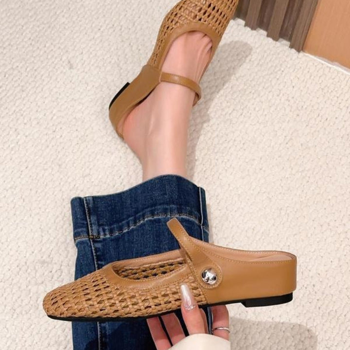 Goldie | Damen Mules Flach Mary Jane Geflochten Metallic Slipper