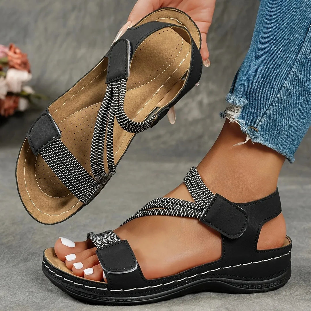 Paula | Damen Komfort Sandalen Klettverschluss Elastisch Flache Sommersandalen