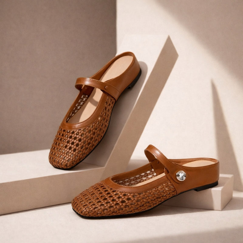 Goldie | Damen Mules Flach Mary Jane Geflochten Metallic Slipper