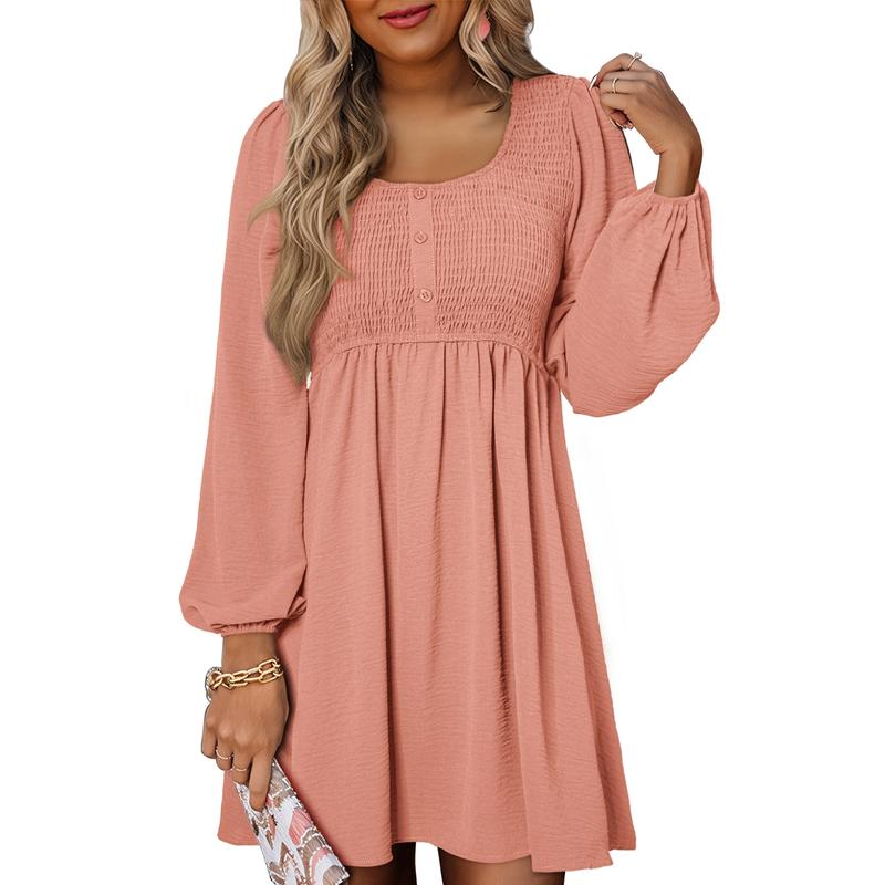 Rosa | Damen Minikleid Smok-Oberteil Eckiger Ausschnitt Langarm