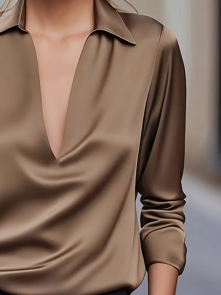 Stella | Damen Satin Bluse Langarm V-Ausschnitt Elegant