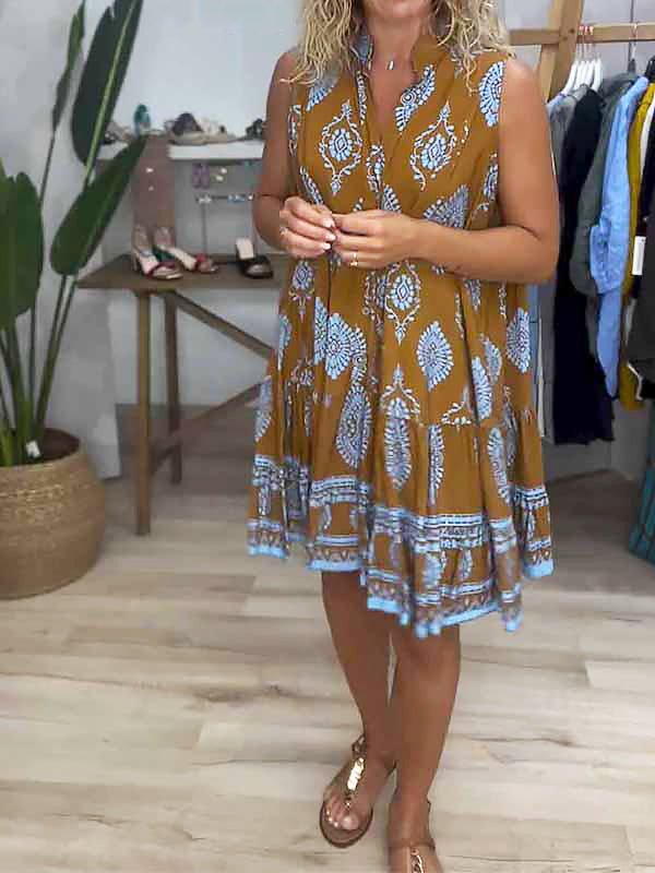 Eya | Damen Boho Kleid Ärmellos V-Ausschnitt Ethno Muster