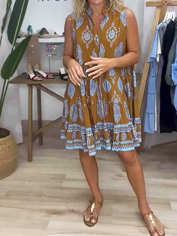 Eya | Damen Boho Kleid Ärmellos V-Ausschnitt Ethno Muster