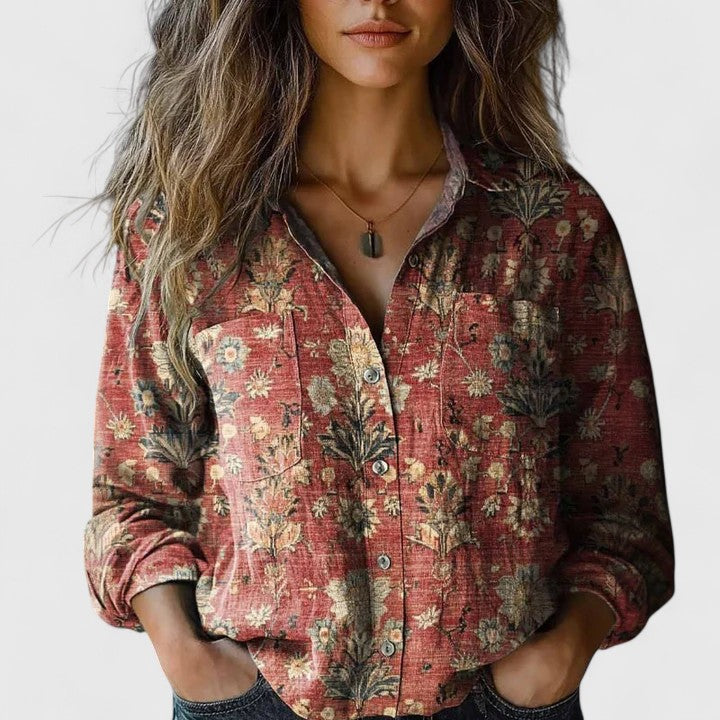 Ilva | Damen Hemdbluse Langarm Vintage Print Knopfleiste