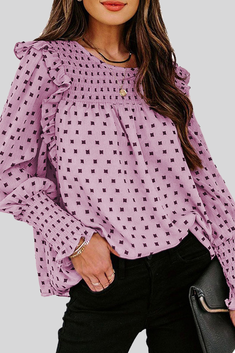 Edna | Damen Smok Bluse Puffärmel Gemustertes Oberteil Damen