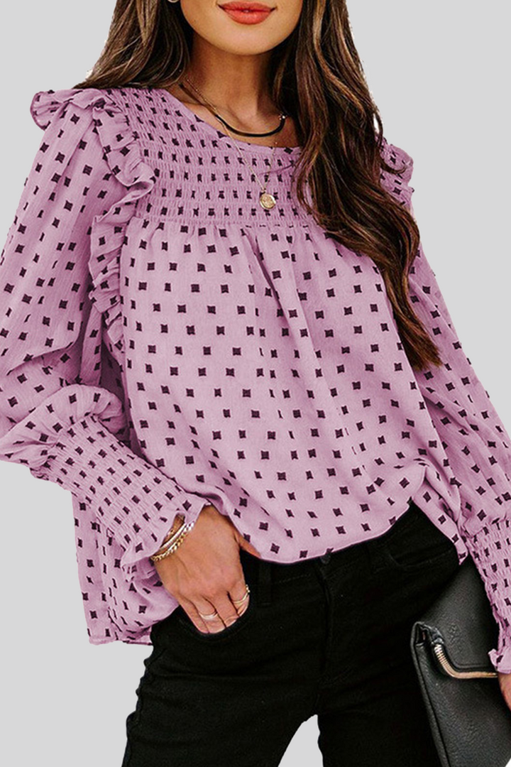 Edna | Damen Smok Bluse Puffärmel Gemustertes Oberteil Damen