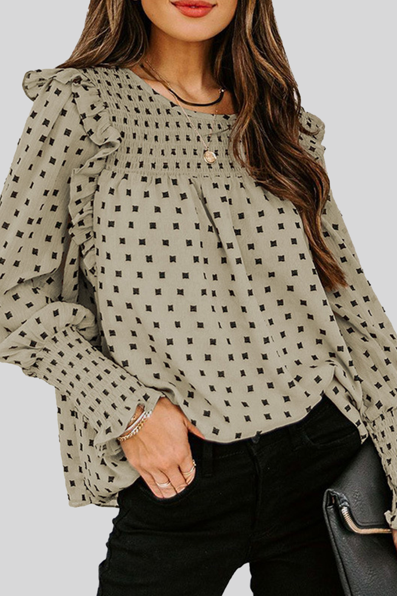 Edna | Damen Smok Bluse Puffärmel Gemustertes Oberteil Damen