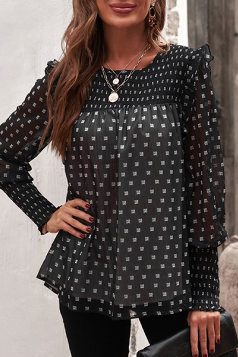 Edna | Damen Smok Bluse Puffärmel Gemustertes Oberteil Damen