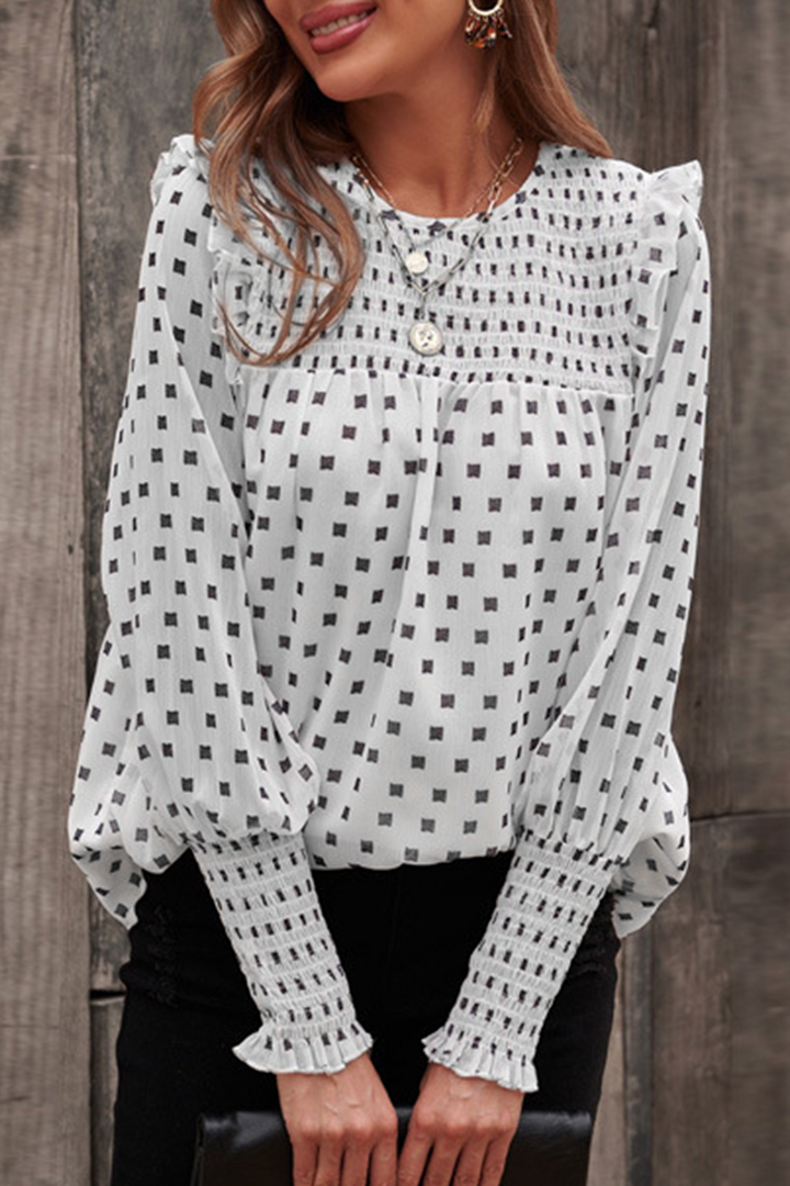 Edna | Damen Smok Bluse Puffärmel Gemustertes Oberteil Damen