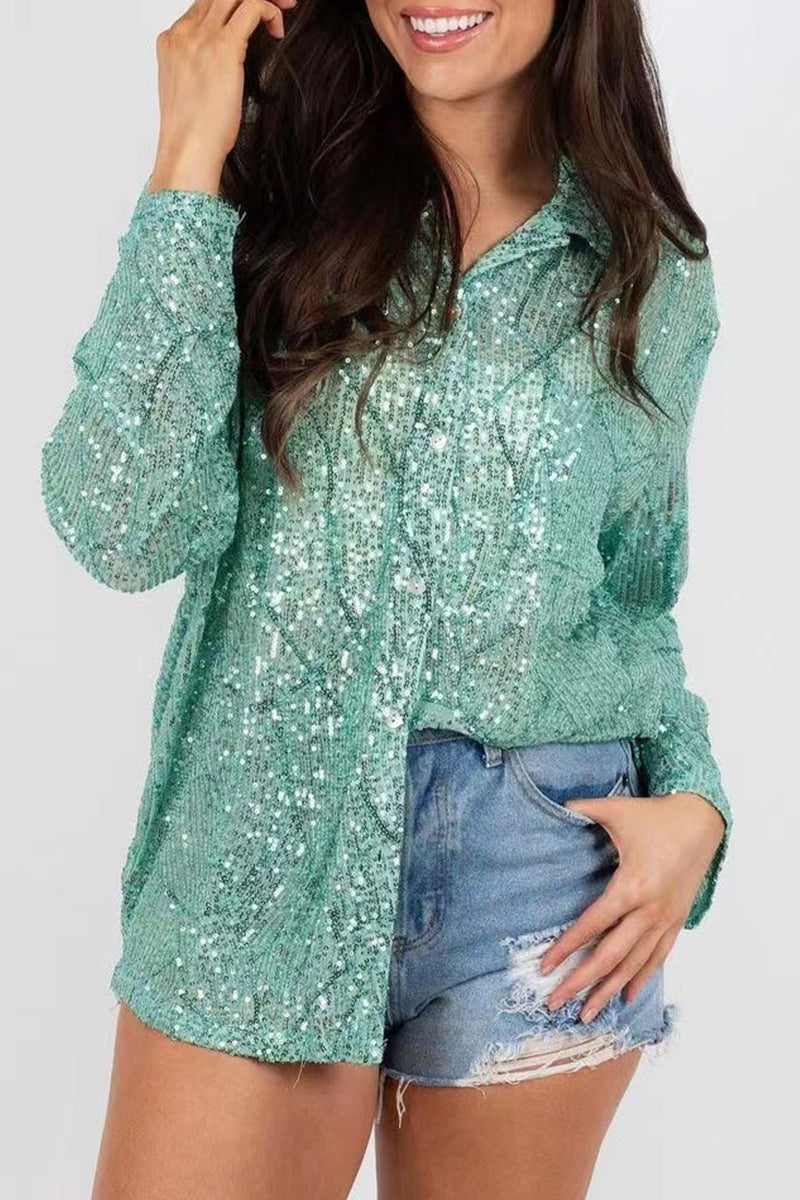 Stella | Damen Paillettenbluse Langarm Glitzer Bluse Festlich