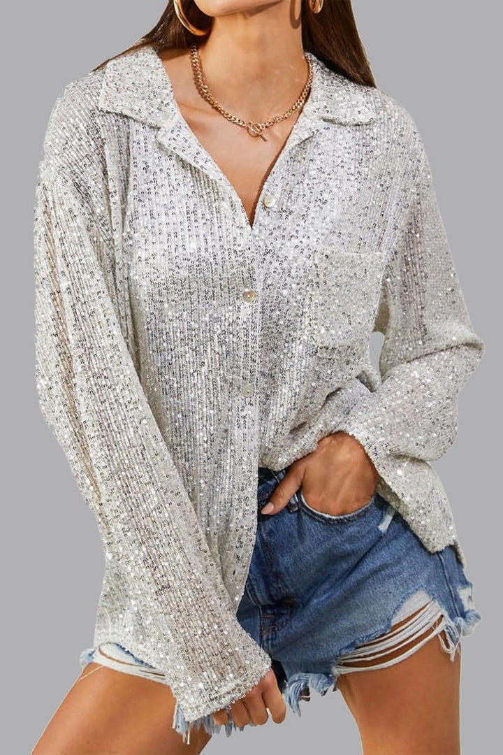 Stella | Damen Paillettenbluse Langarm Glitzer Bluse Festlich