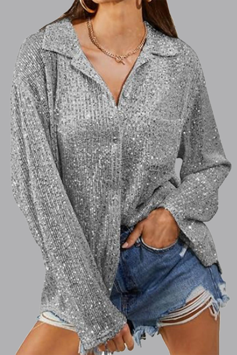 Stella | Damen Paillettenbluse Langarm Glitzer Bluse Festlich