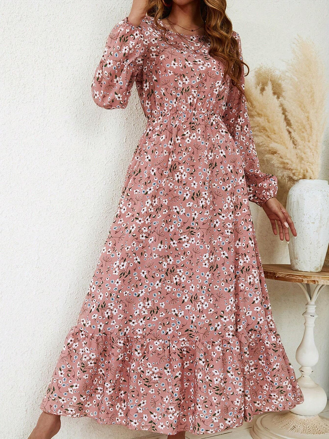 Flora | Damen Maxikleid Langarm Blumenmuster A-Linie Boho Herbstkleid