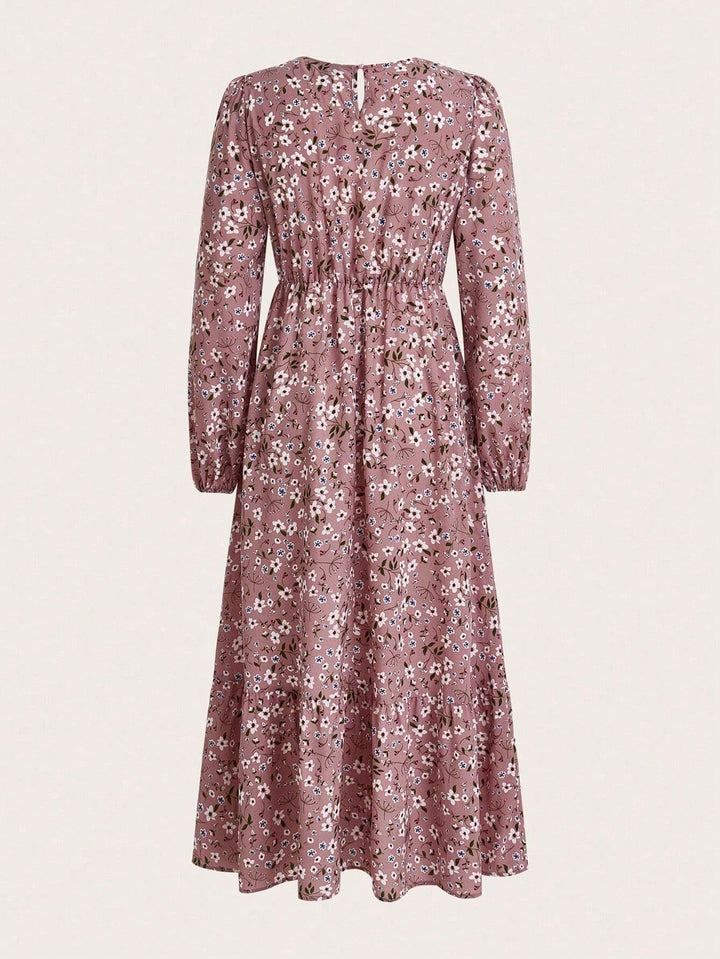 Flora | Damen Maxikleid Langarm Blumenmuster A-Linie Boho Herbstkleid