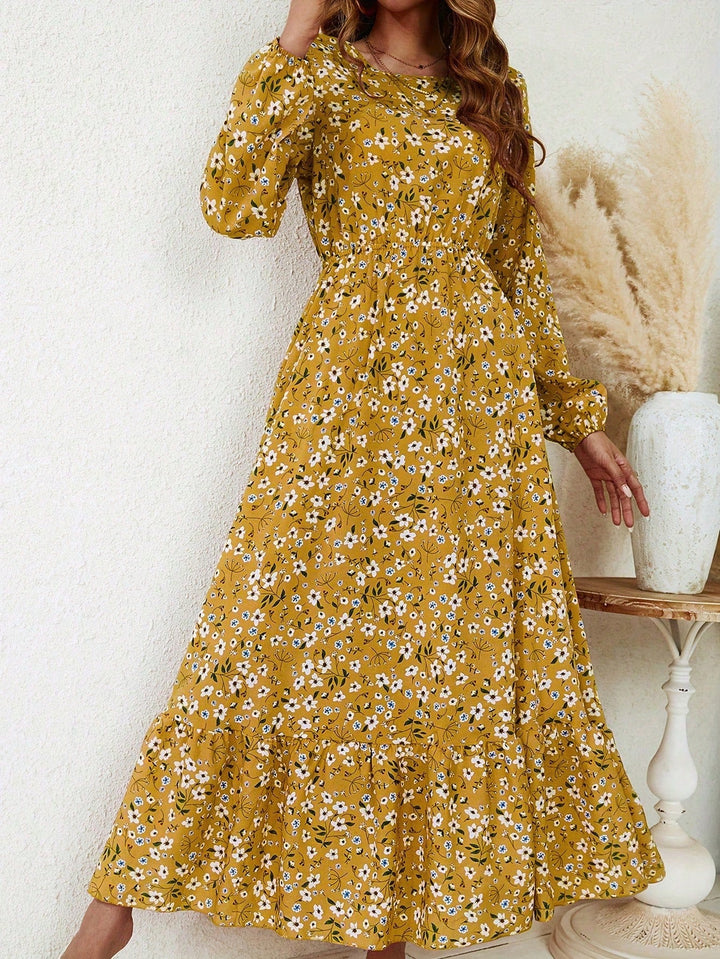 Flora | Damen Maxikleid Langarm Blumenmuster A-Linie Boho Herbstkleid