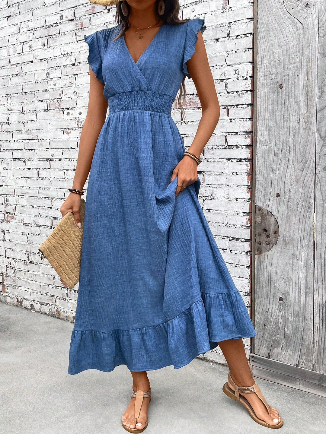 Lena | Damen Maxikleid Ärmellos V-Ausschnitt Hohe Taille Sommerkleid
