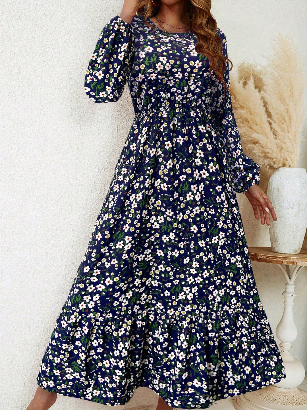 Flora | Damen Maxikleid Langarm Blumenmuster A-Linie Boho Herbstkleid