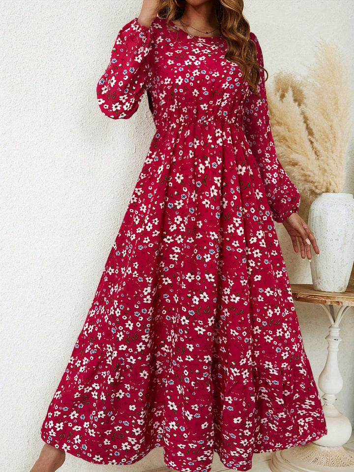 Flora | Damen Maxikleid Langarm Blumenmuster A-Linie Boho Herbstkleid