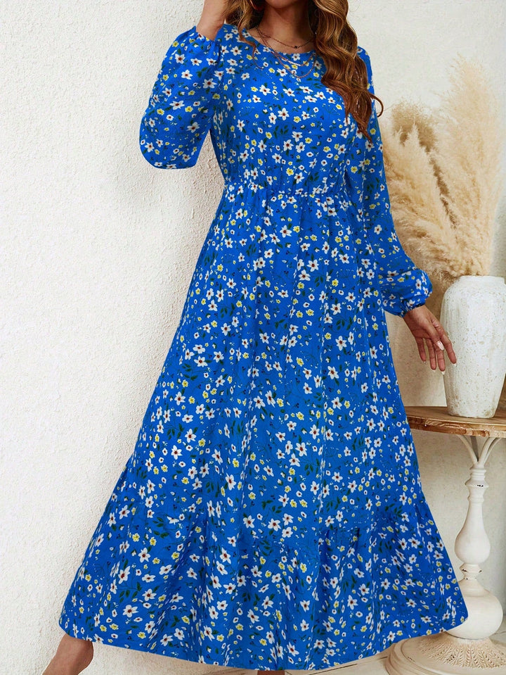 Flora | Damen Maxikleid Langarm Blumenmuster A-Linie Boho Herbstkleid