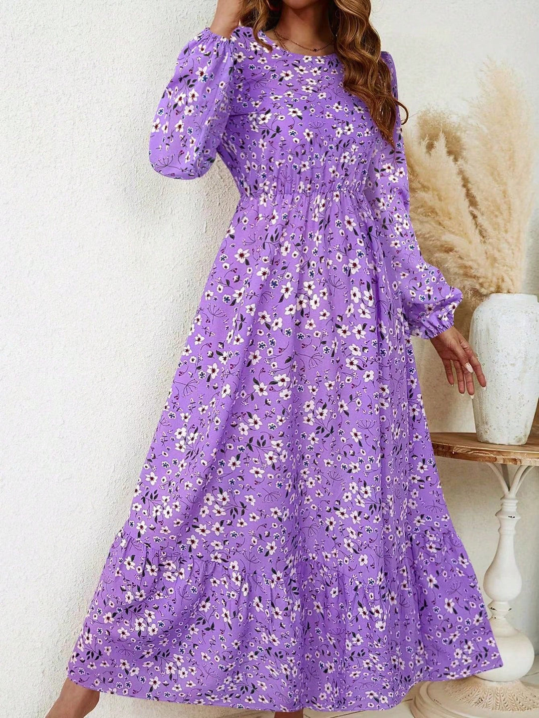 Flora | Damen Maxikleid Langarm Blumenmuster A-Linie Boho Herbstkleid