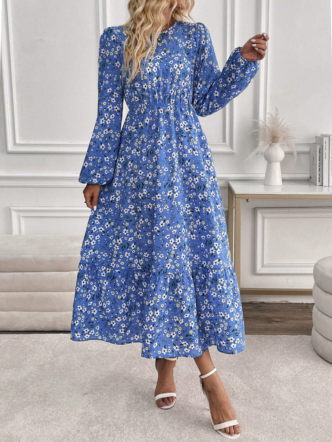 Flora | Damen Maxikleid Langarm Blumenmuster A-Linie Boho Herbstkleid