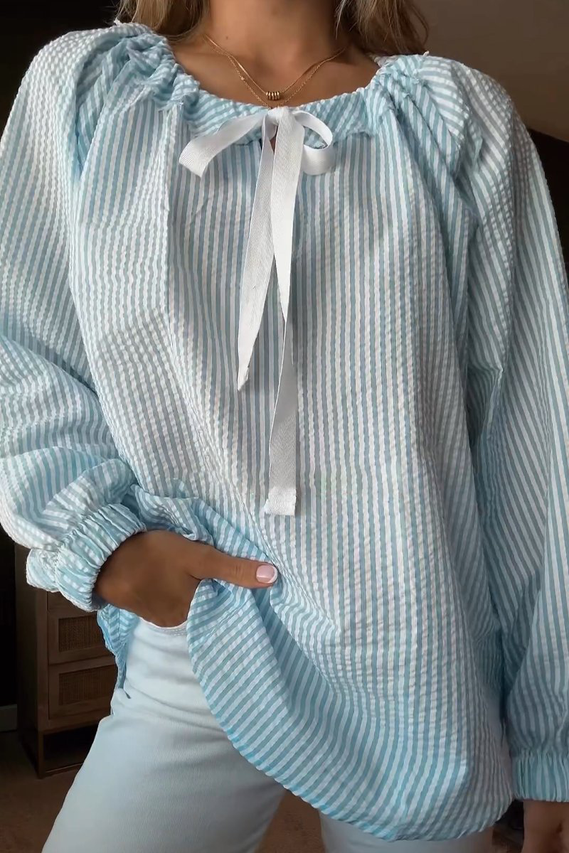 Angelie | Damen Streifenbluse Schleife Übergroß Boho Bluse