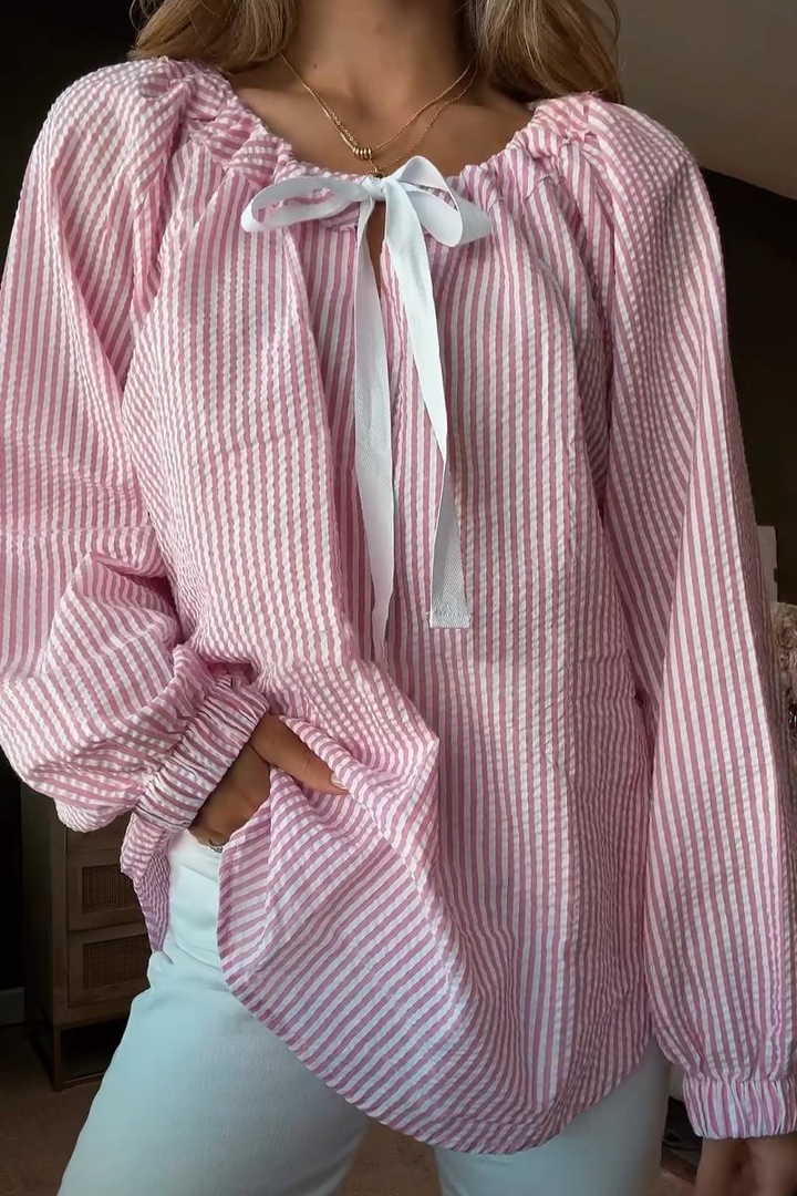 Angelie | Damen Streifenbluse Schleife Übergroß Boho Bluse