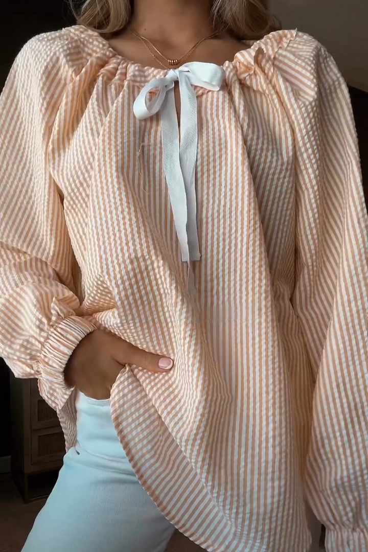 Angelie | Damen Streifenbluse Schleife Übergroß Boho Bluse